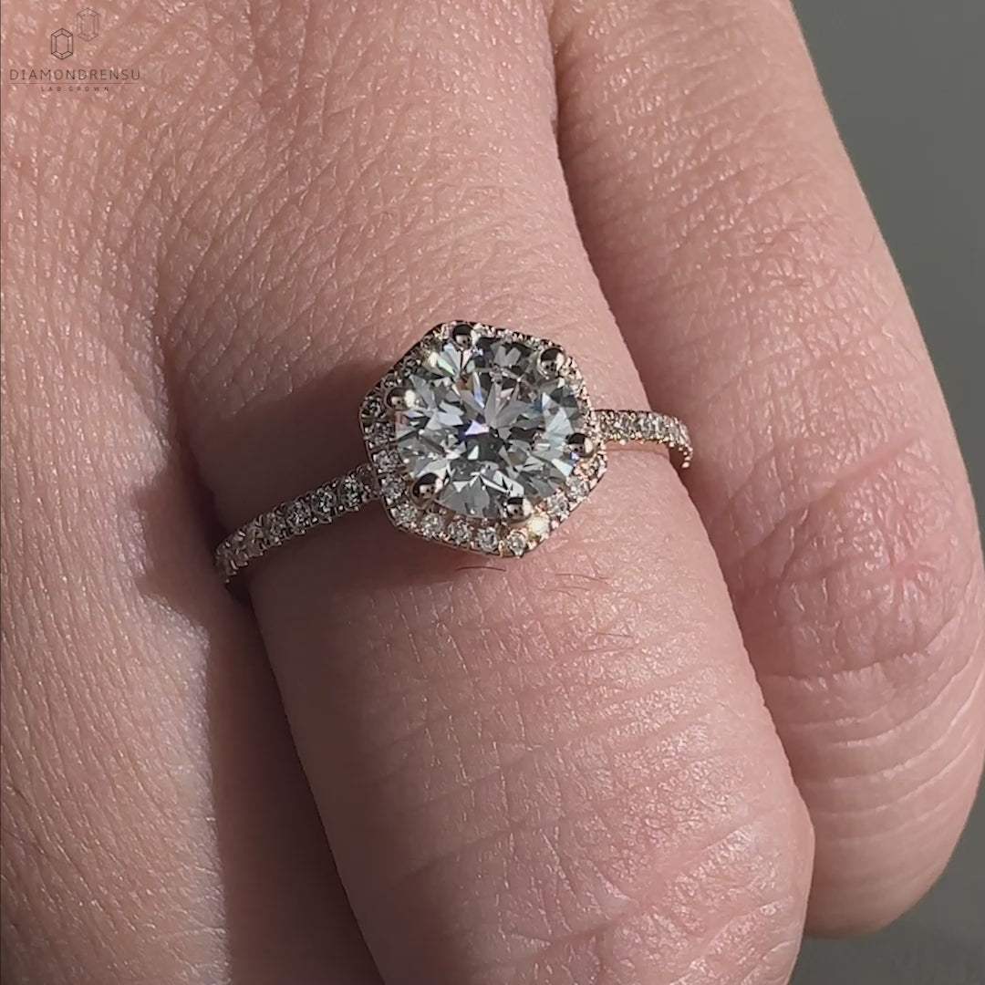 Round Lab-Grown Diamond Hexagon Outline Pavé Ring 0.5 - 2 CT