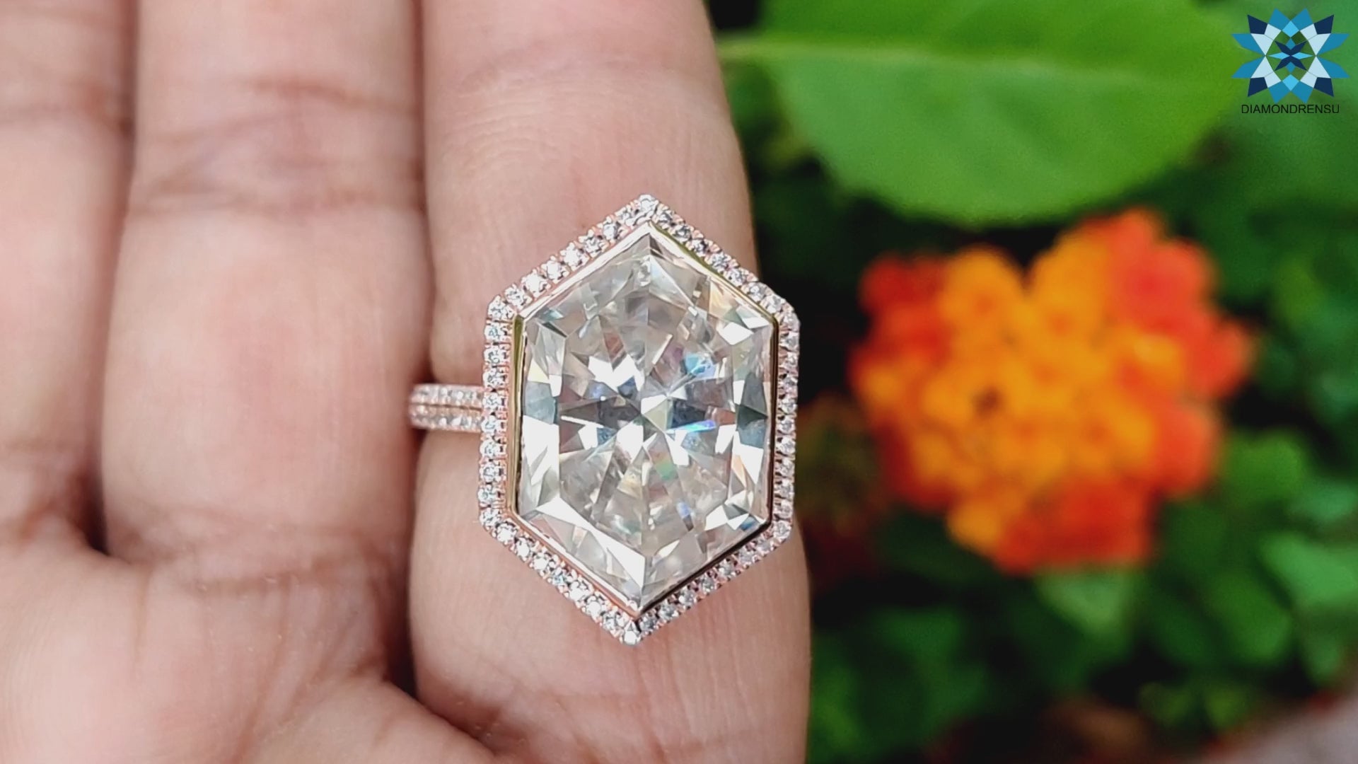 7.12 TCW Elongated Hexagon Double Row Pave Set Moissanite Engagement Ring