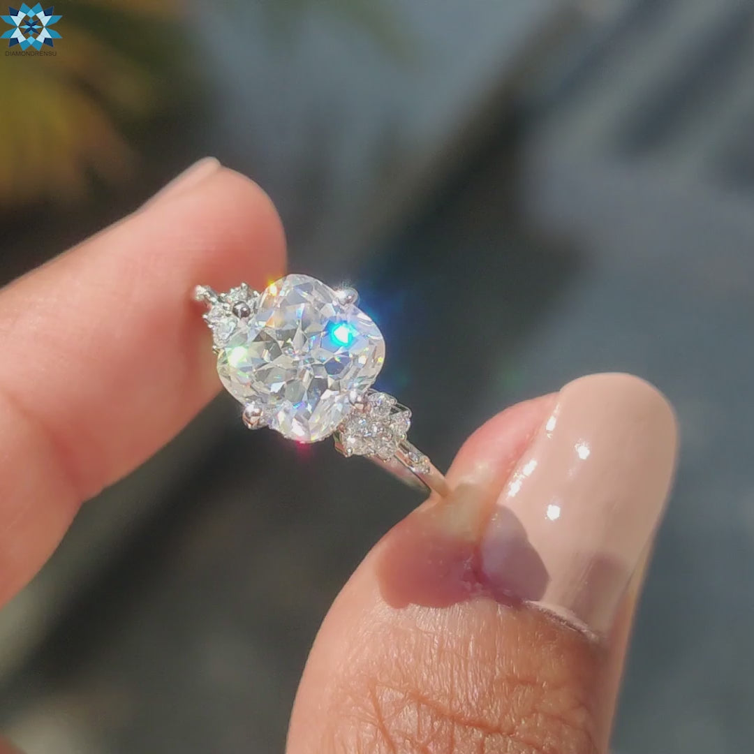 Cushion Rensu Cut Moissanite Unique Muse Style Side Stone Ring 2.3 CT