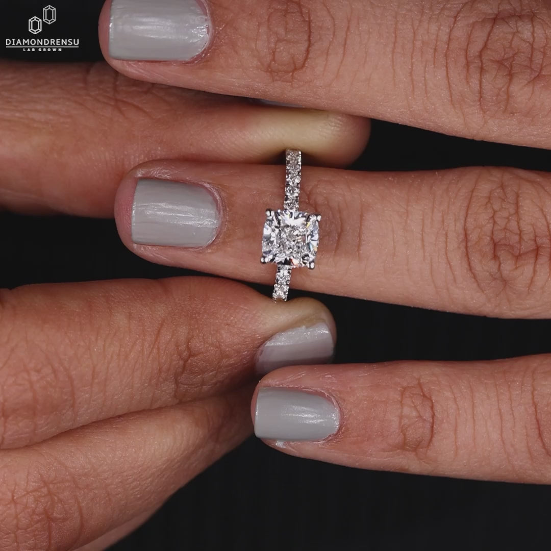 Cushion Cut Lab-Grown Diamond Pavé Band Engagement Ring 1 - 2 CT