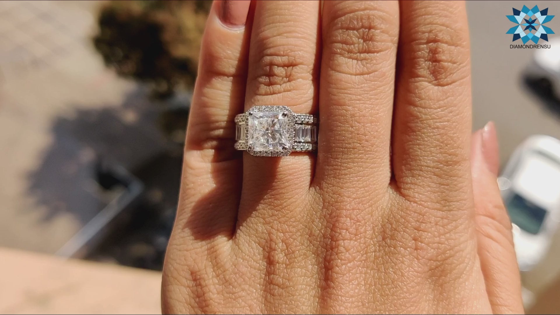2.86 CT Square Radiant Cut Moissanite Engagement Ring, Pave Baguette and Round Moissanite