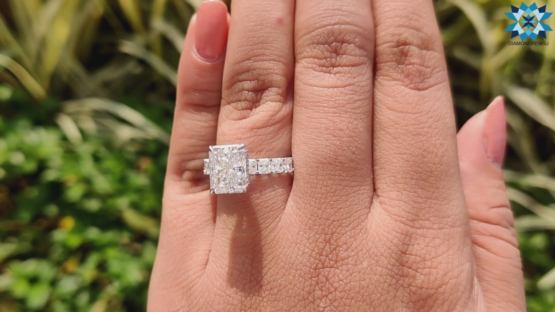5.22 TW Radiant Cut Hidden Halo Pave Set Moissanite Engagement Ring