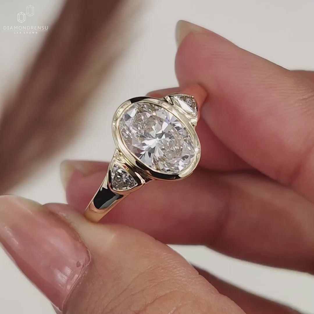 Oval Cut Lab-Grown Diamond Three Stone Ring with Trillion Side Stones – 1 to 2 CT