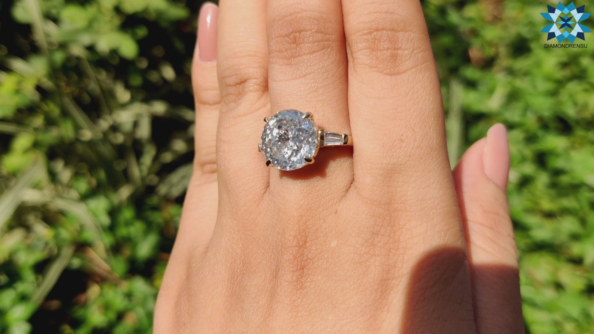 12.00 MM Unique Portuguese Cut with Tapered Baguette Three Stones Engagement Ring