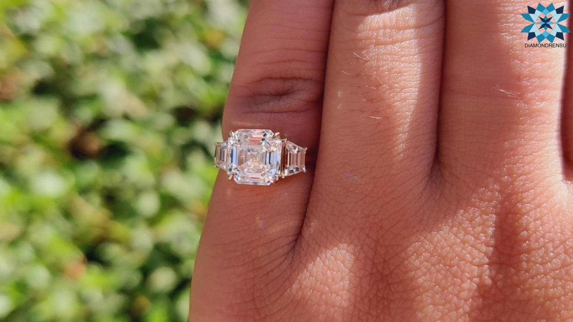 2.78 TCW Asscher Trapezoid Moissanite Three Stones Engagement Ring