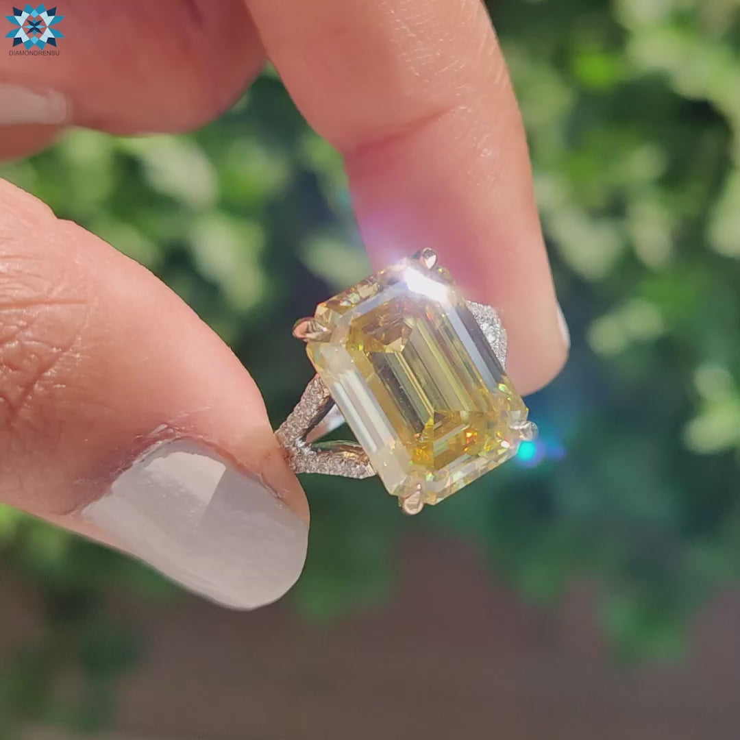 Emerald Cut Canary Yellow Moissanite Split Pavé Shank Ring 8.3 CT