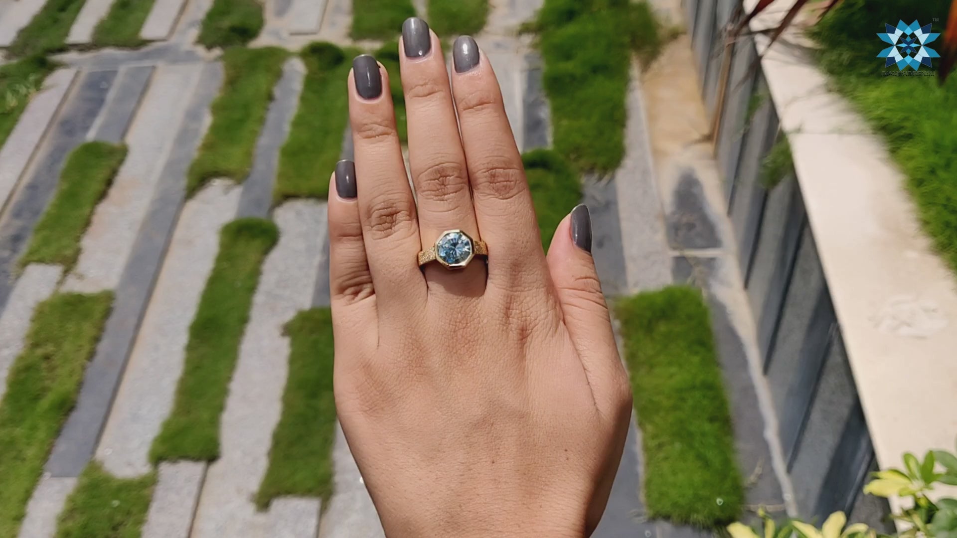 Octagon Cyan Blue Moissanite Sandblast Bezel Engagement Ring 3.4 CT