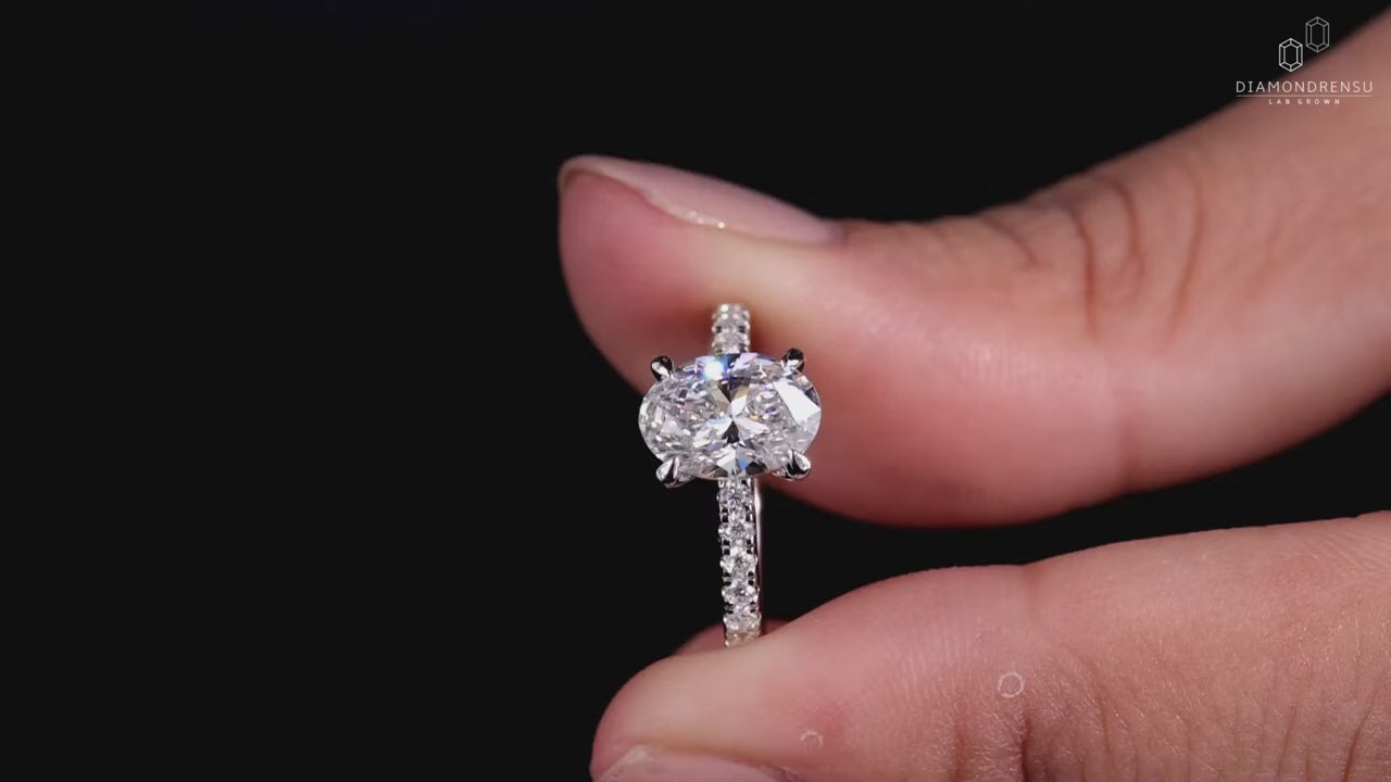 1.51 CT Oval Lab Grown Diamond Engagement Ring, Claw Prongs, Pave Setting