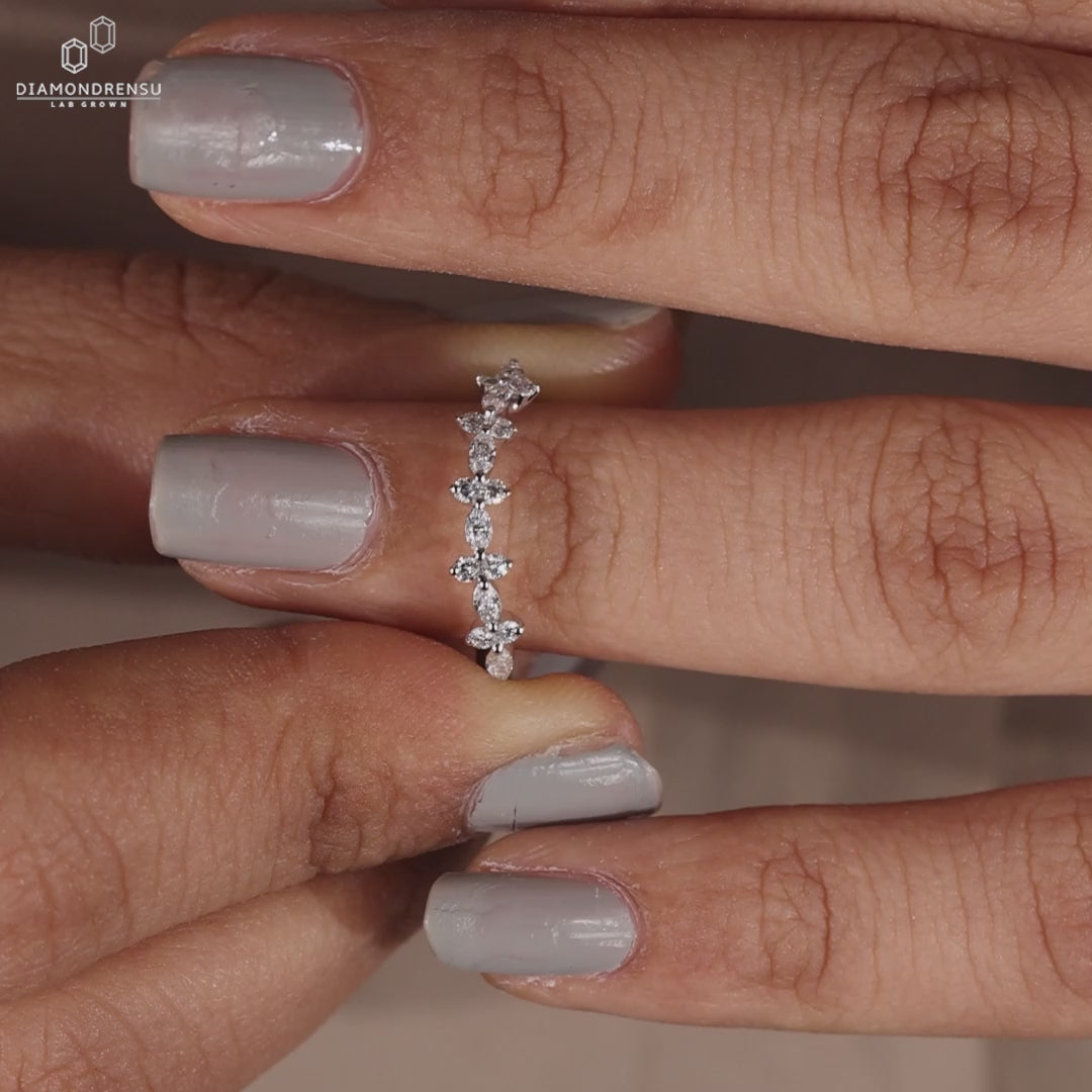 Marquise and Round Cut Lab Grown Diamond Curved Wedding Band