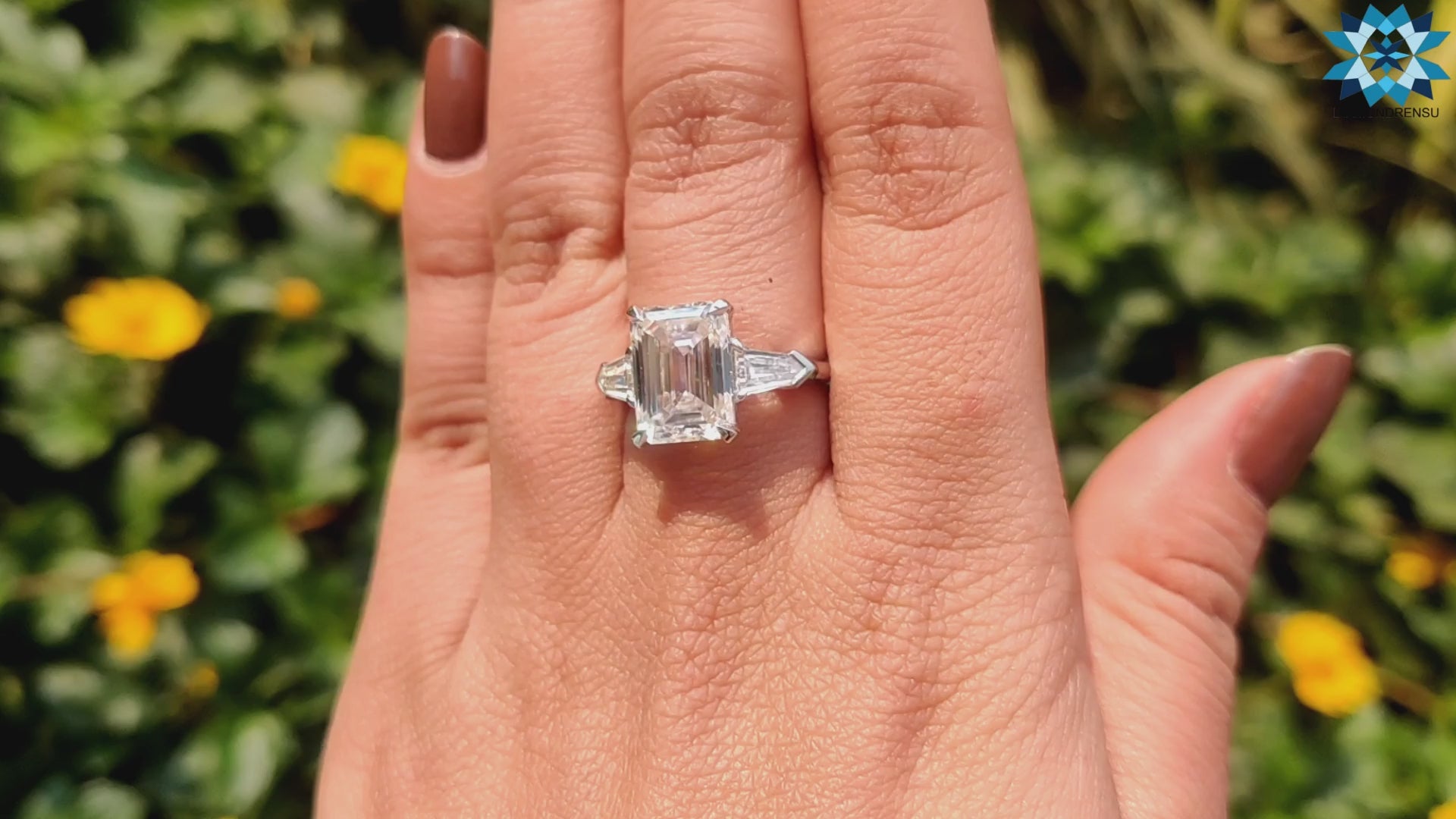 5.0 TW Emerald with Bullet Cut Moissanite Three Stones Engagement Ring