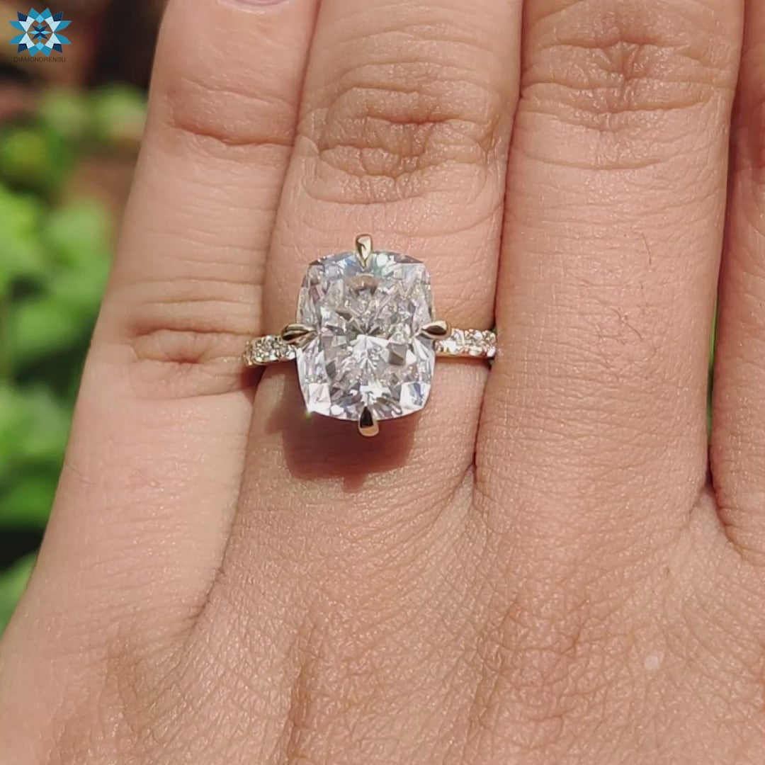 Cushion Cut Moissanite Pavé Hidden Halo Compass Setting Ring 5.5 CT