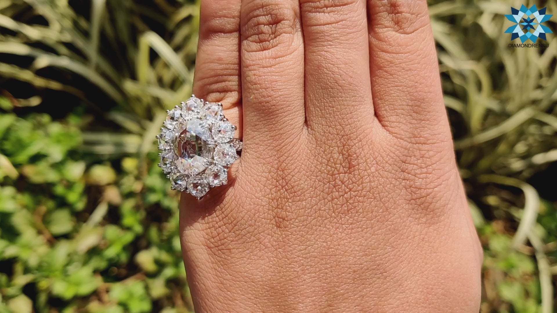 Vintage Style 11.89 DEW Oval Rose Cut with Round Rose Cut Cluster Halo Engagement Ring