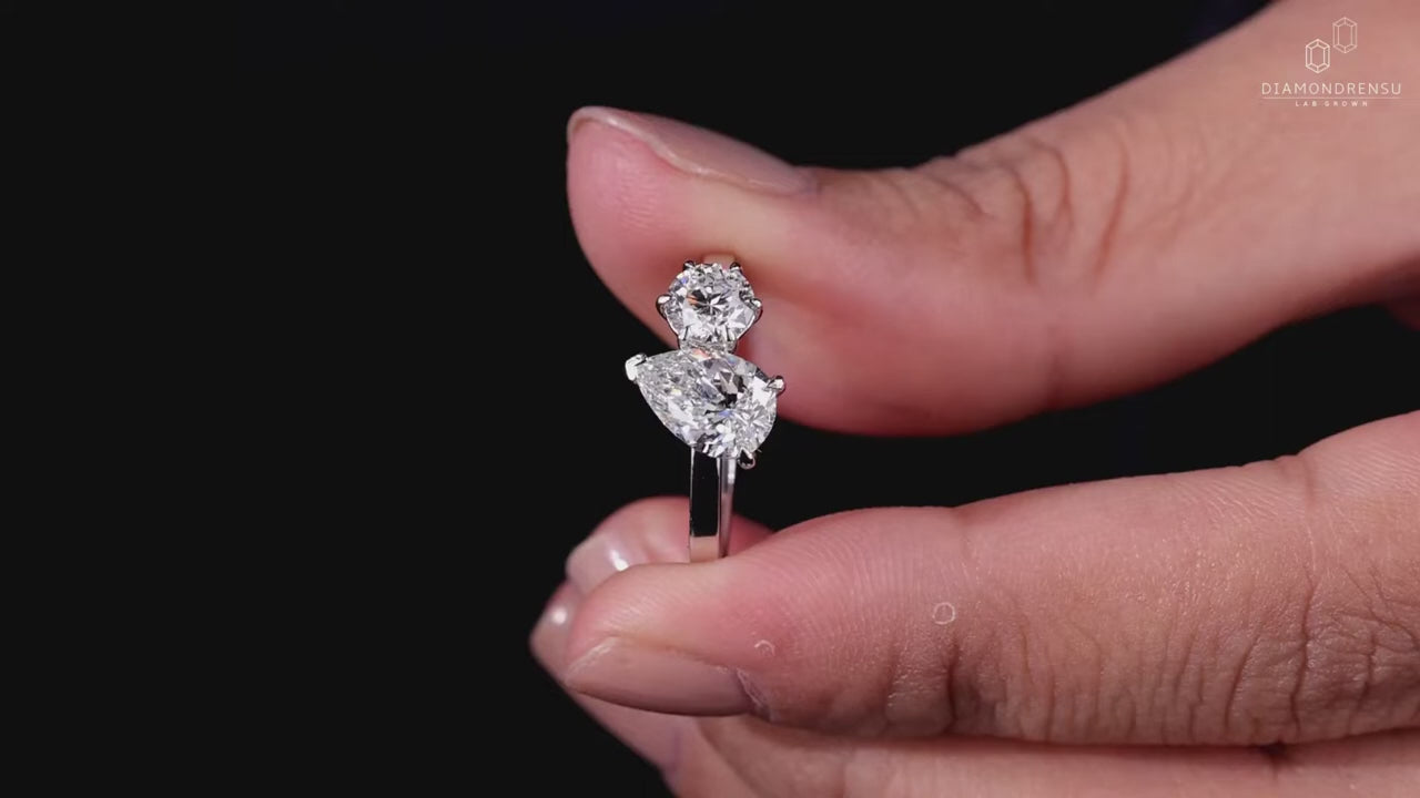 Toi Et Moi Ring, 1.59 TW Pear and Round Cut Lab Grown Diamond Engagement Ring