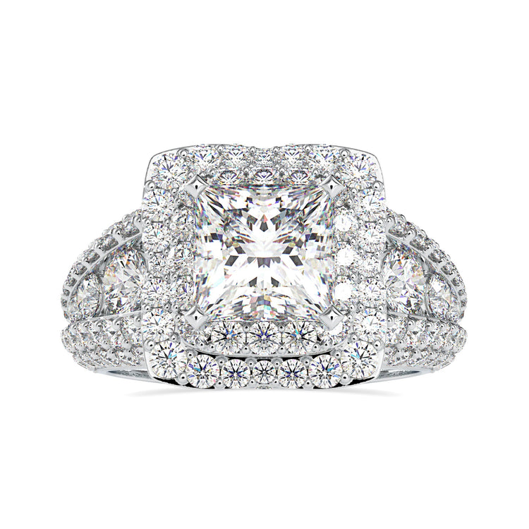 Double halo diamond ring with a stunning princess cut center stone.