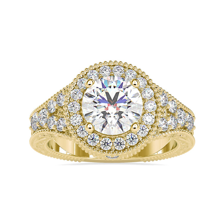 Round halo ring with a split shank for a sparkling and modern look.
