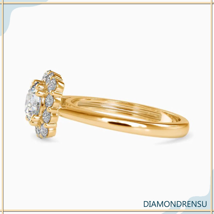 Lab grown diamond ring with a sparkling halo setting.