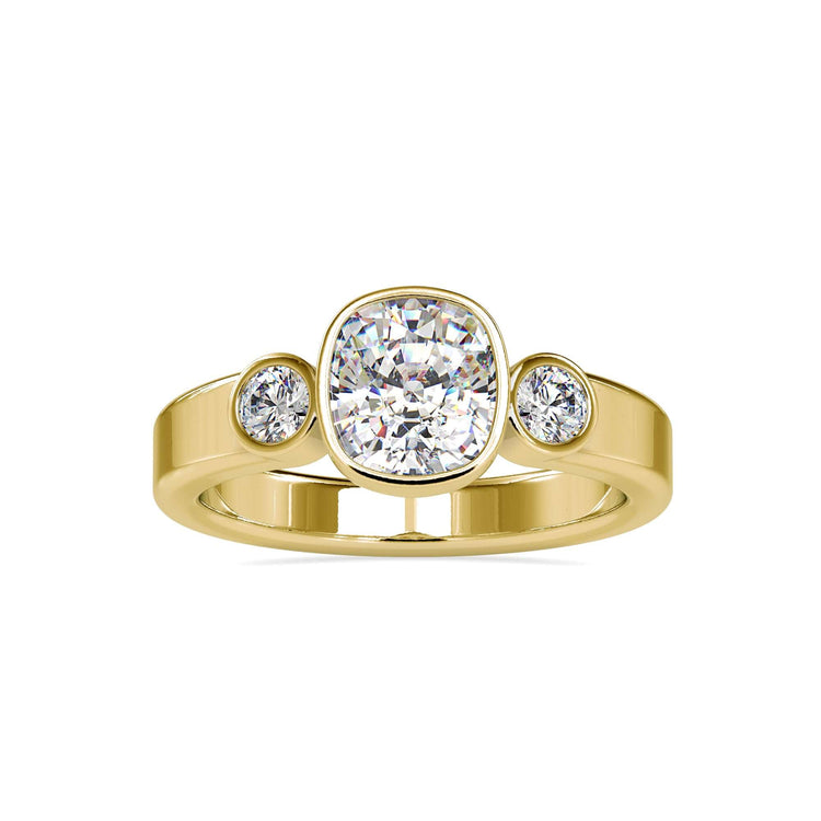 Bezel set ring with a cushion cut diamond in white gold for a sleek and elegant look.