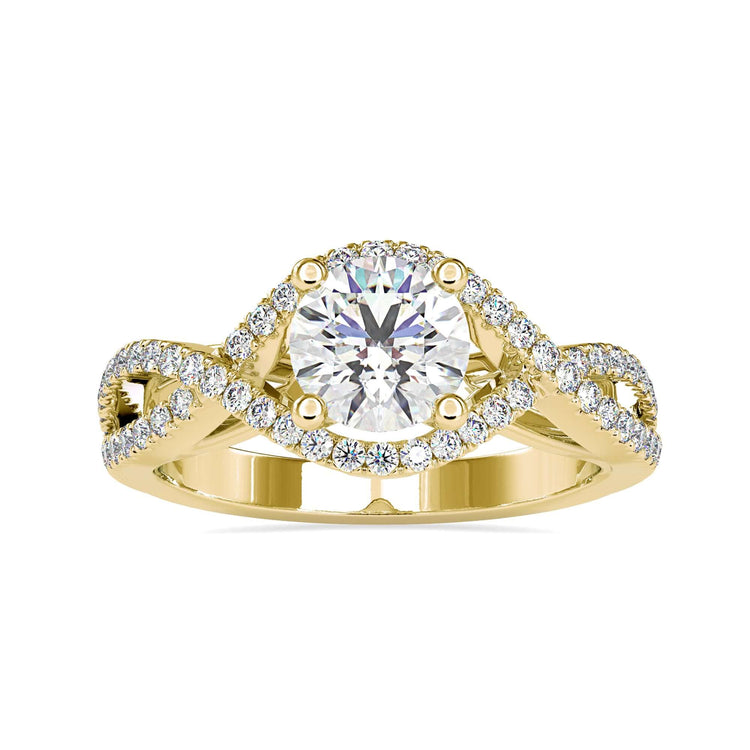 Handmade jewelry featuring a round diamond engagement ring with a twisted solitaire design.