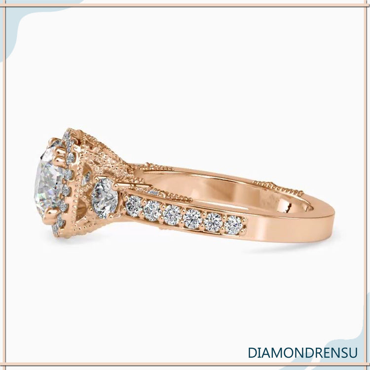 Pave engagement ring featuring a stunning three stone arrangement.