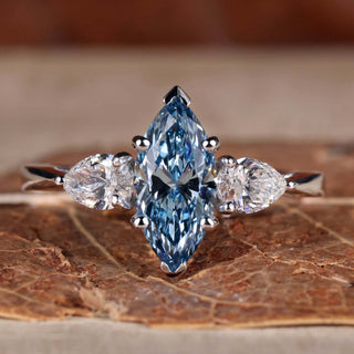 Marquise Blue Lab-Grown Diamond Three Stones Ring 1.5 CT