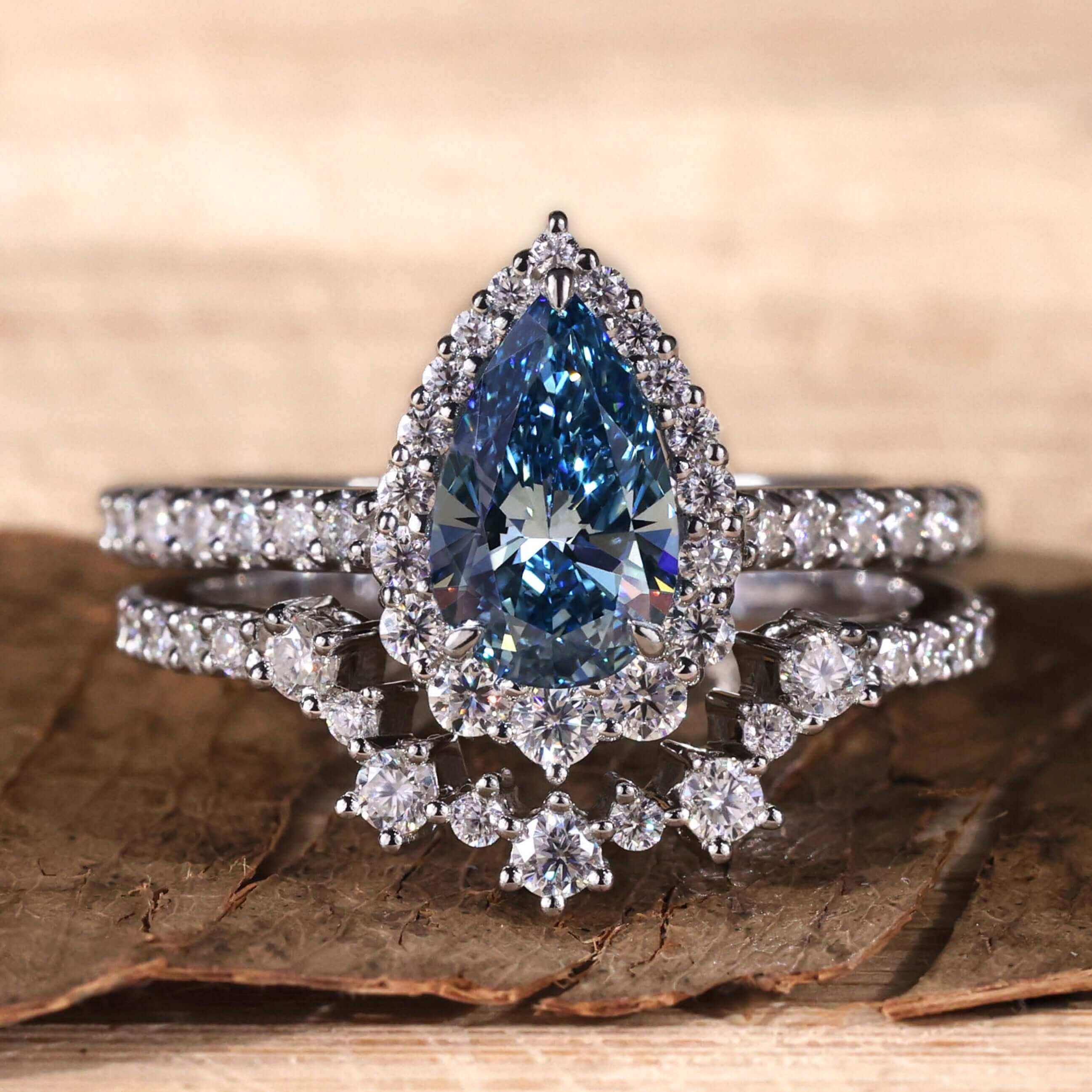 Fancy Blue Pear Cut Lab Grown Diamond Ring Matching Wedding Band