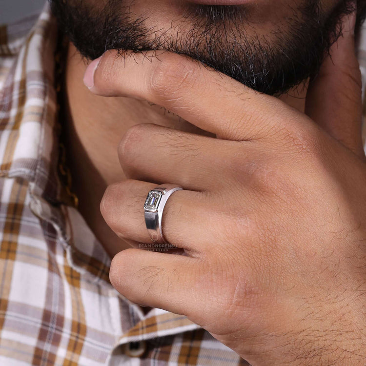 Emerald Cut Lab-Grown Diamond Bezel Setting Men's Ring 1 - 2 CT
