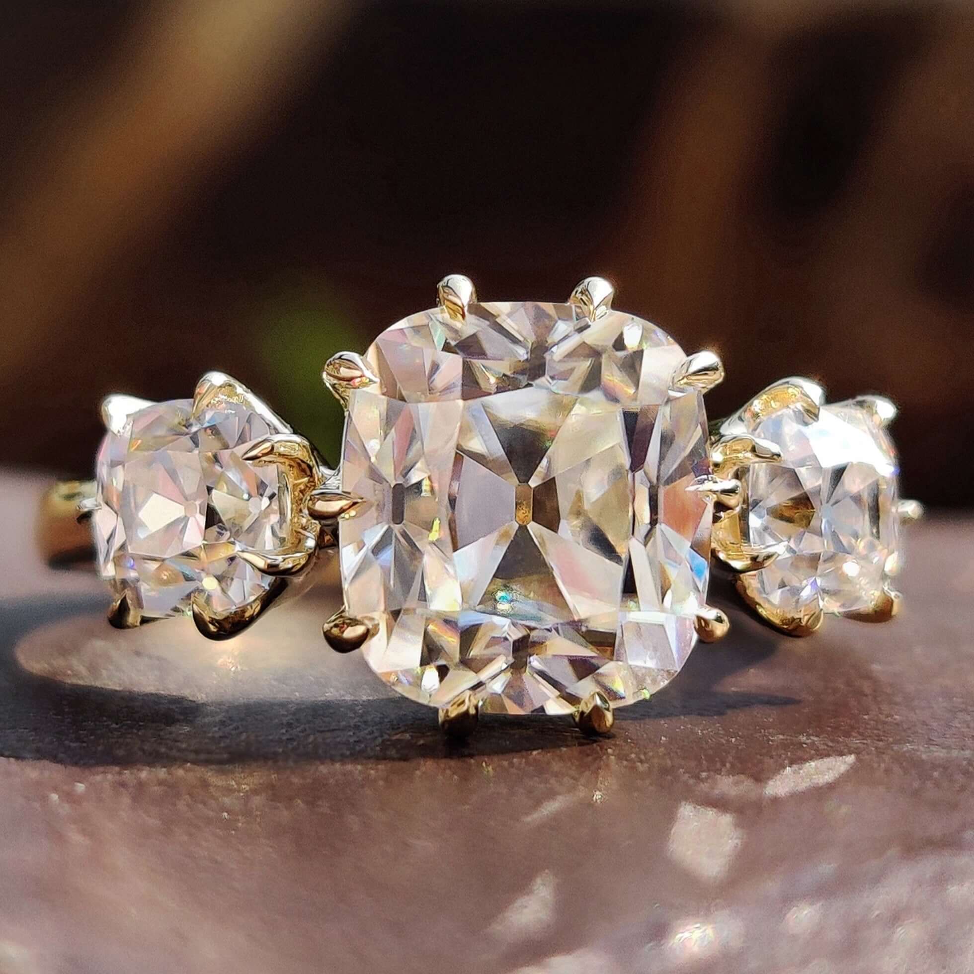 Antique Cushion Three Stone Cushion Ring Vintage Style Engagement