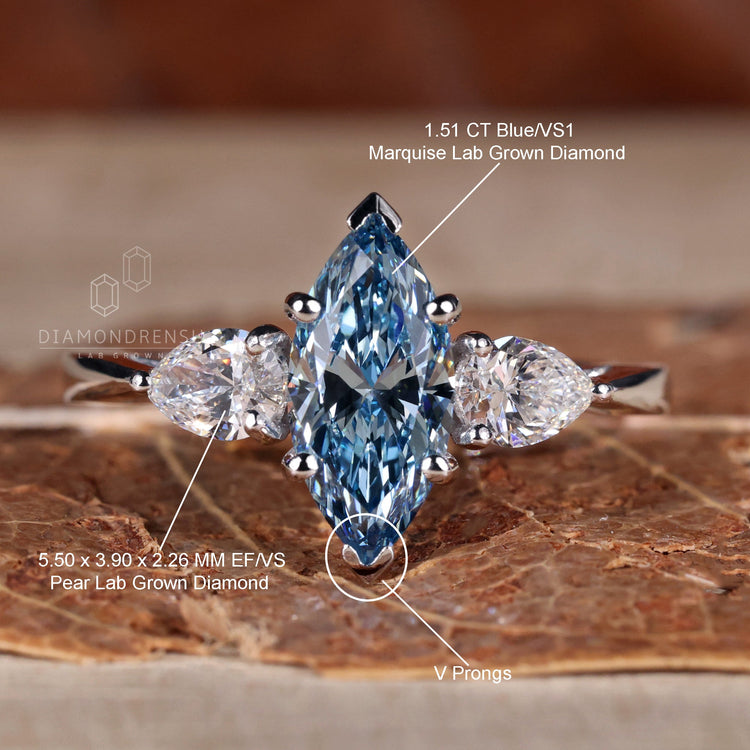 Marquise Blue Lab-Grown Diamond Three Stones Ring 1.5 CT