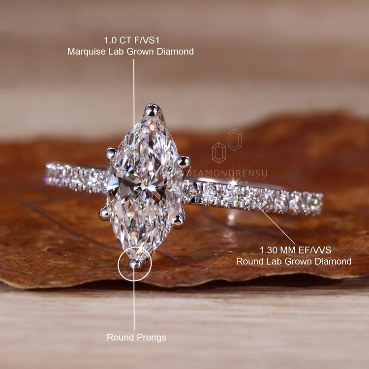 Marquise Cut Lab-Grown Diamond Pavé Ring 1 CT - 10k White Gold - Size P