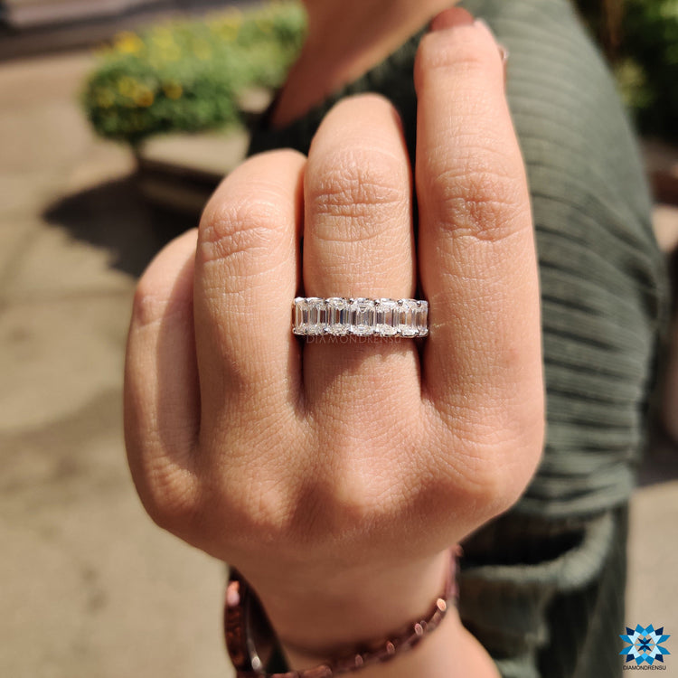 Unique Trellis Prongs 6.94 TW Emerald Moissanite Eternity Wedding Band
