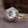 Vintage Style Hexagon Outline Round Rose Cut Halo Engagement Ring