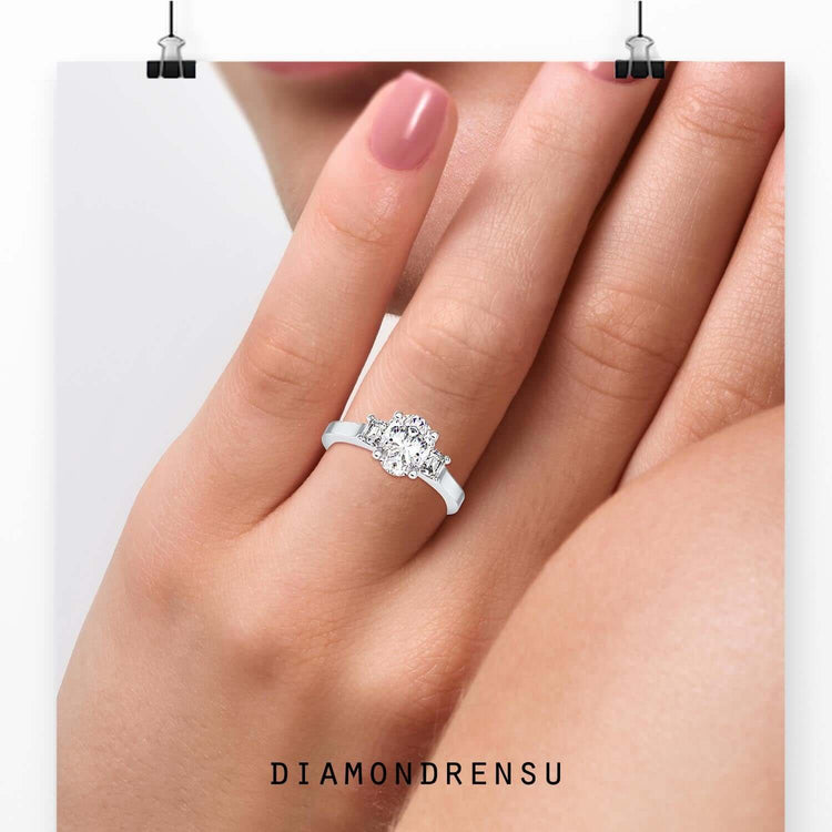 2.04 TCW Oval and Trapezoid Moissanite Three Stones Engagement Ring