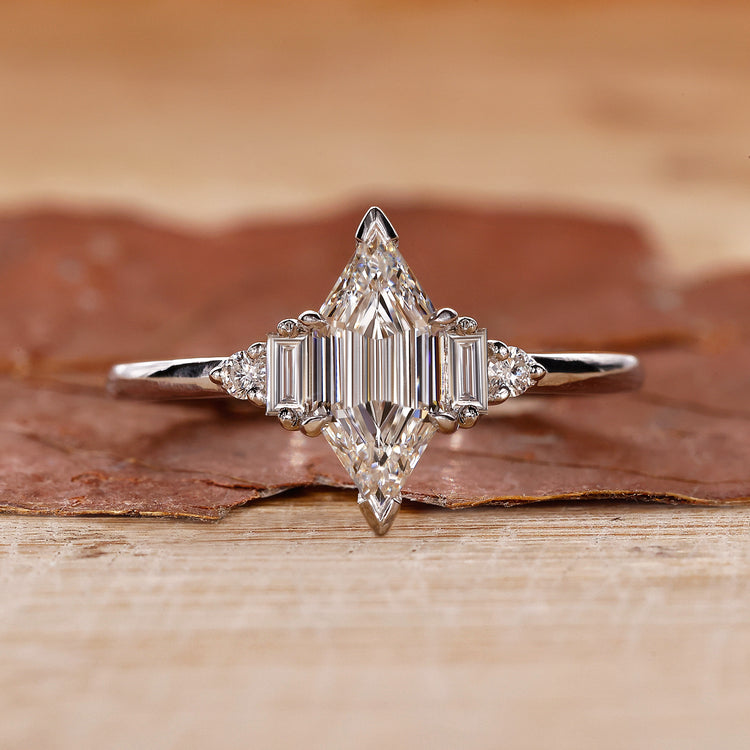 white gold engagement ring with hexagon engagement ring.
