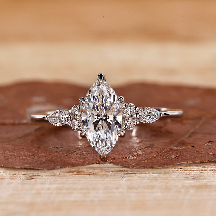 marquise diamond engagement ring in white gold finish.
