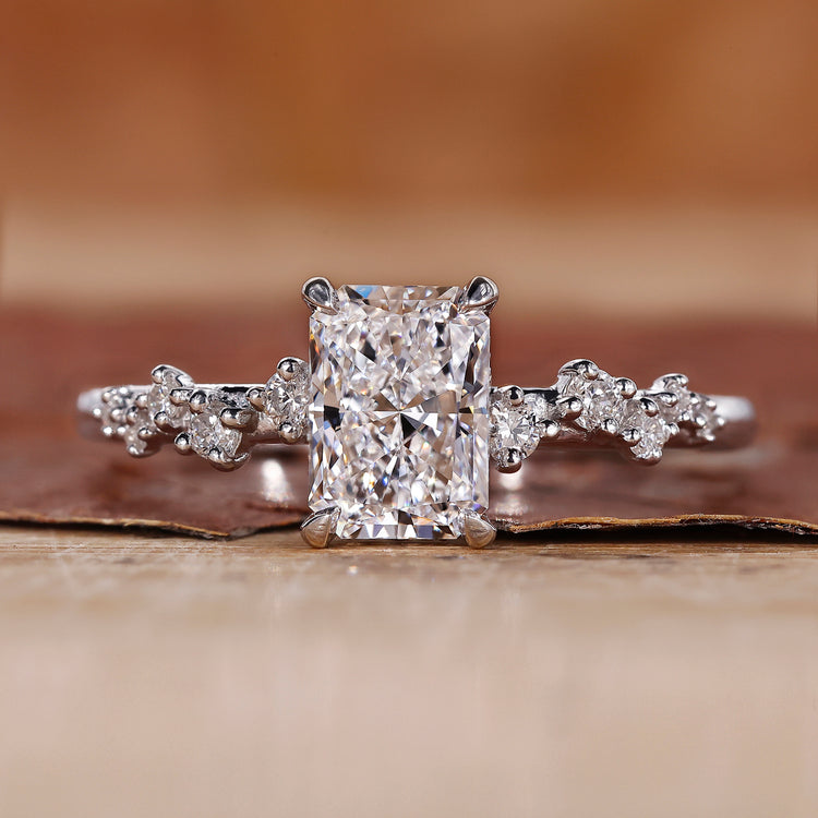 Hidden Halo Engagement Ring with radiant cut diamond ring.
