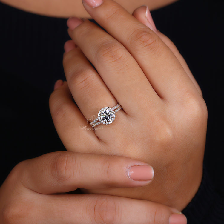 Yellow gold engagement ring featuring a halo design.
