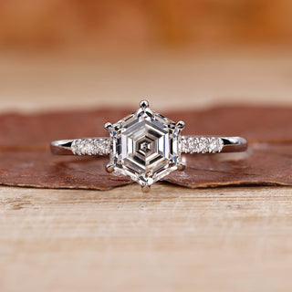 hexagon engagement ring with pave setting ring.
