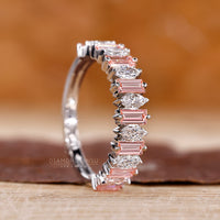 Half eternity wedding band with mixed shapes.
