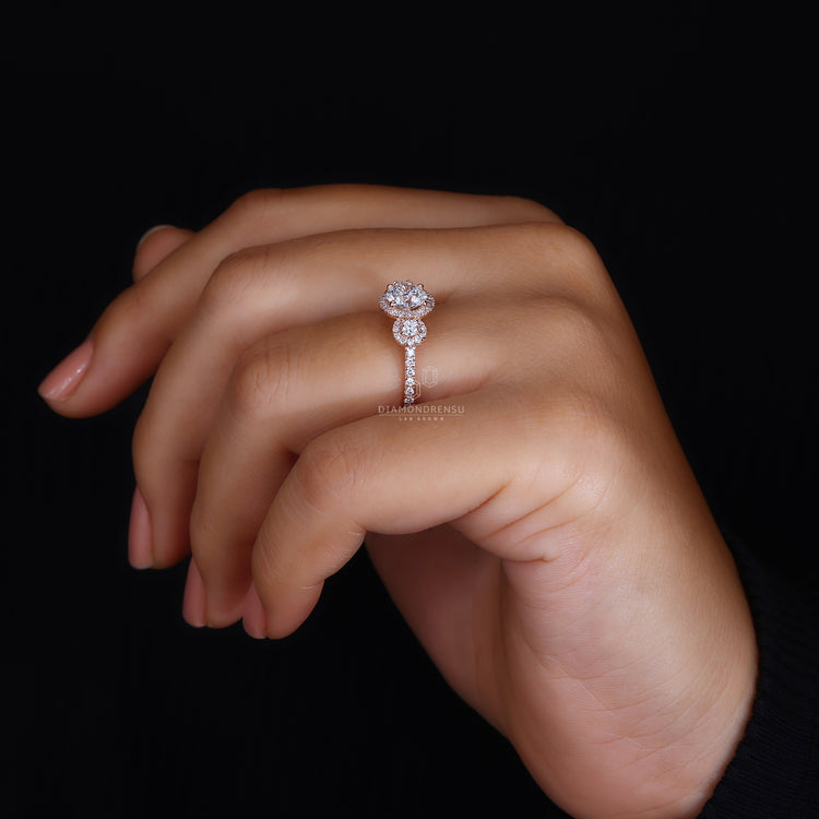 Buy engagement ring with halo and bridge accent design.
