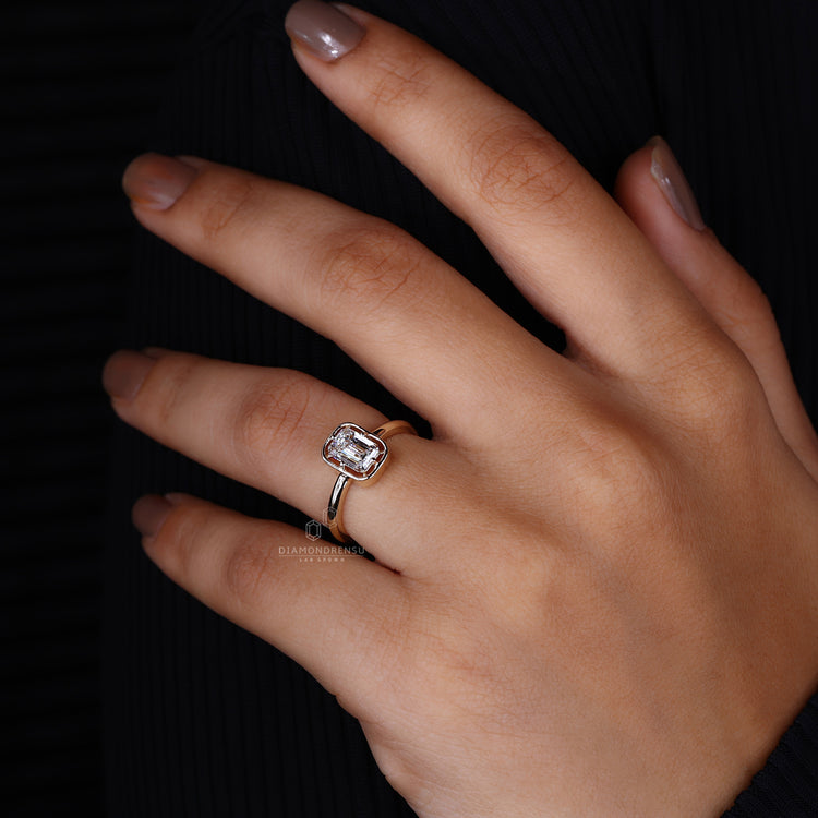 Simple ring made with emerald cut engagement ring.
