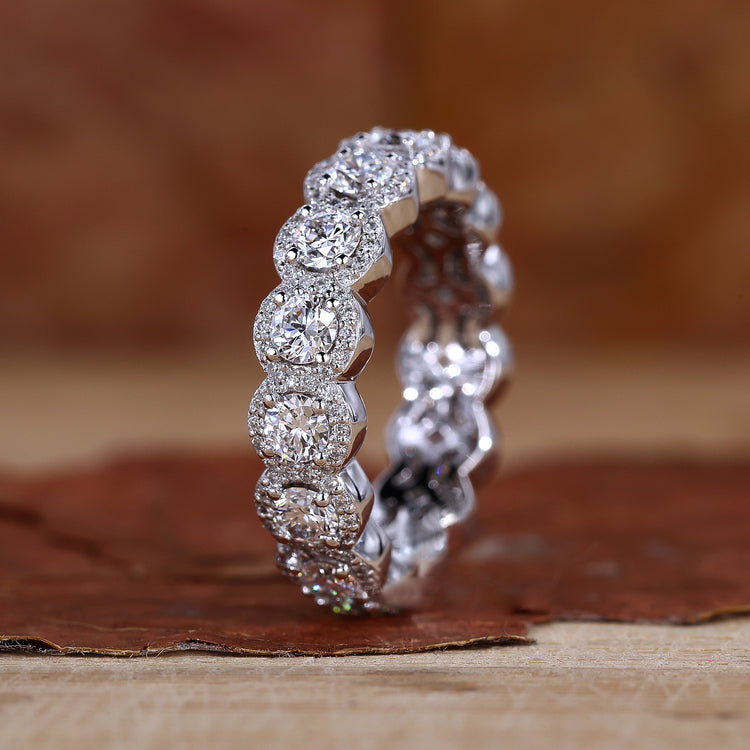 White gold wedding band with halo wedding band.