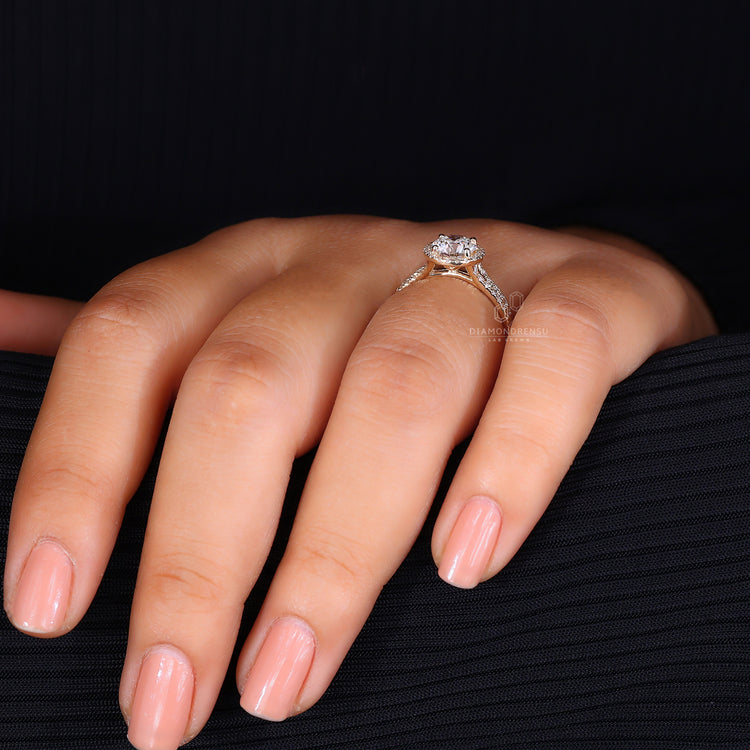 Split shank pavé setting adds extra sparkle to this ring.
