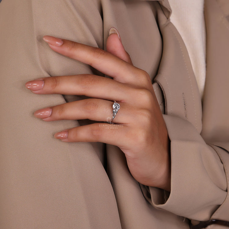 IGI certified Portuguese cut diamond ring with twisted shank and claw prong.
