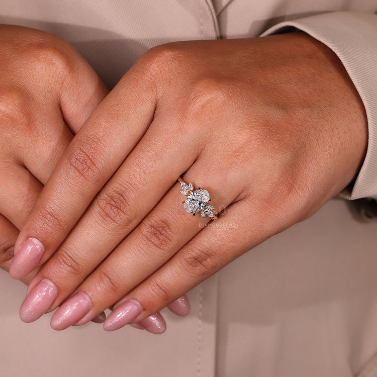 Lab grown diamond hidden halo ring with 7 stone setting in yellow gold.
