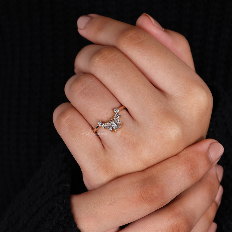 Yellow gold band with prong setting.