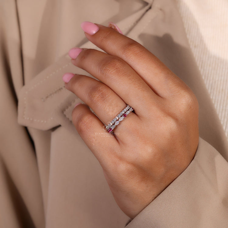 Colorful wedding band with diamonds and rubies.
