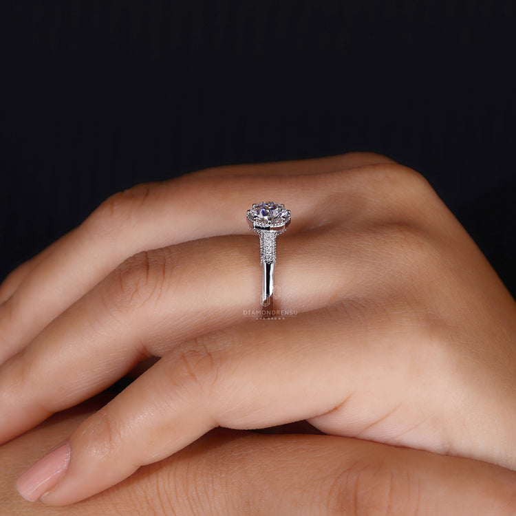 white gold engagement ring with octagon diamond design.
