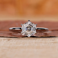 Hexagon engagement ring made in white gold ring.
