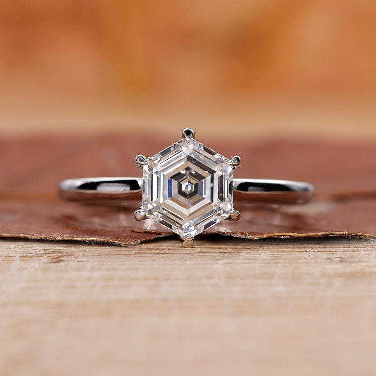 Hexagon engagement ring made in white gold ring.
