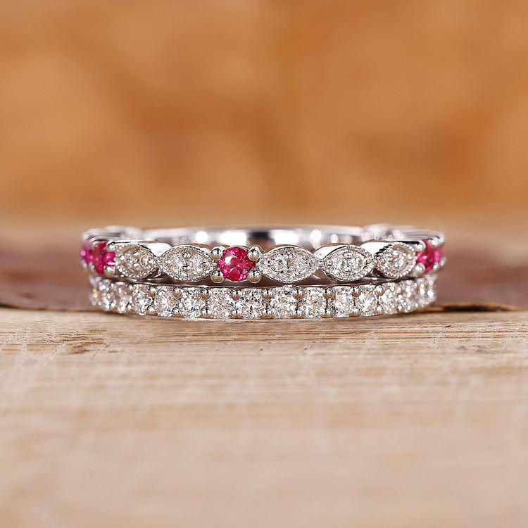 Pink and white diamond band in stackable style.